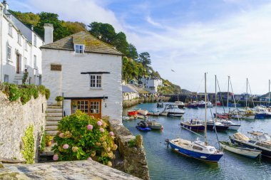 Polperro, İngiltere - 16 Ekim 2022: İngiltere 'nin Cornwall kentindeki Polperro köyünün balıkçı limanının görüntüsü