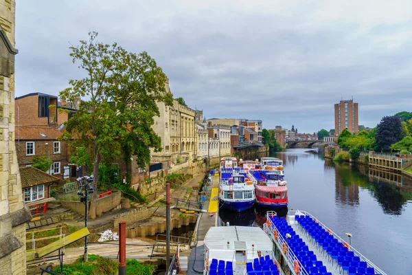 stock image York, UK - September 22, 2022: View of the River Ouse, with boats and buildings, in York, North Yorkshire, England, UK