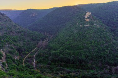 Sunrise view of the Crusader Montfort Castle and the Kziv stream valley, in the Upper Galilee, Northern Israel