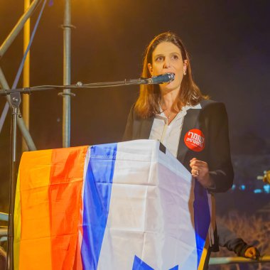 Haifa, Israel - January 28, 2023: Knesset Member Efrat Rayten Marom speaks to the crowd in a protest against the plans of the new government, claiming its anti-democratic, in Haifa, Israel