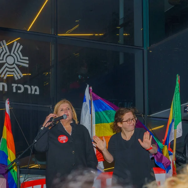 stock image Haifa, Israel - March 18, 2023: Politician Orna Barbivai speak to the crowd during a protest demonstration in Haifa, Israel