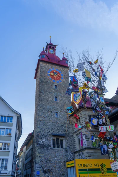 Lucerne Sviçre Şubat 2023 Lucerne Sviçre Karnaval Dekorasyonlu Bir Saat — Stok fotoğraf