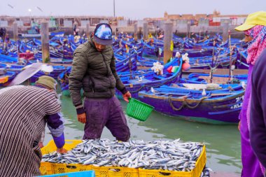 Essaouira, Fas - 07 Nisan 2023: Yerel halk Essaouira (Mogador), Fas 'ta balıkçı limanının gündoğumu sahnesi