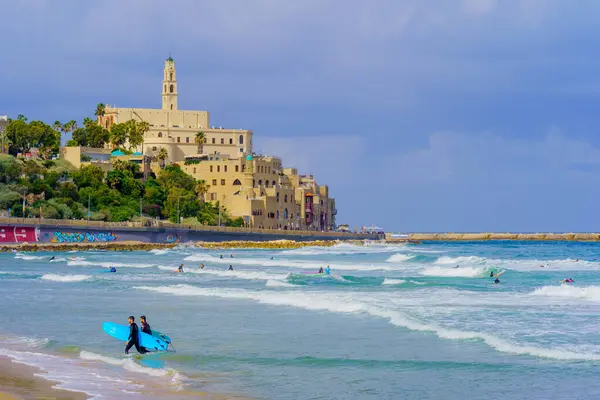 Tel Aviv Israel Mai 2023 Szene Vom Strand Mit Surfern — Stockfoto