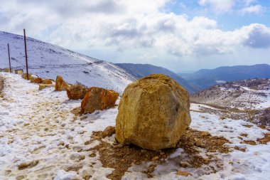 View of snowy landscape of Mount Hermon, in the north part of the Golan Heights, Northern Israel