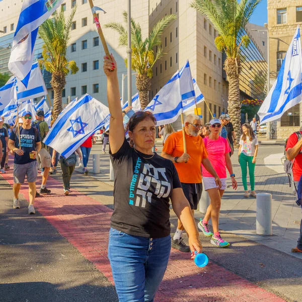 Haifa Izrael Července 2023 Lidé Protestují Vlajkami Různými Znameními Část — Stock fotografie