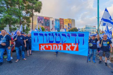 Hayfa, İsrail - 26 Ağustos 2023: İnsanlar hava kuvvetleri pilotları tarafından yönetilen çeşitli işaret ve bayraklarla yürüyor. 34. hafta tartışmalı adli elden geçirme protestosu. Hayfa, İsrail