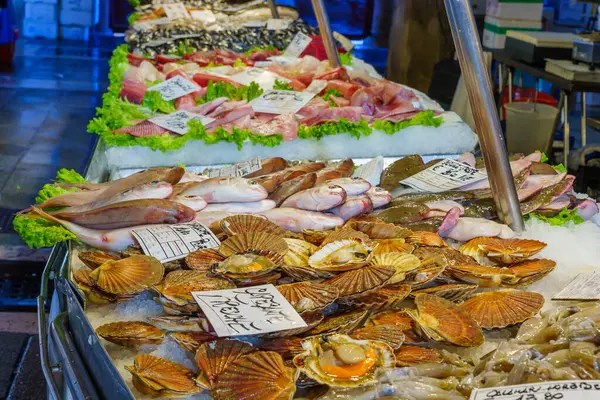 Venice, Italy - March 02, 2022: Scene of the Rialto market, with seafood on sale, in Venice, Veneto, Northern Italy