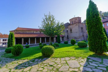 Ohri, Kuzey Makedonya - 03 Ekim 2023: Eski Makedonya 'nın Ohri kentindeki Aziz Sophia Kilisesi manzarası