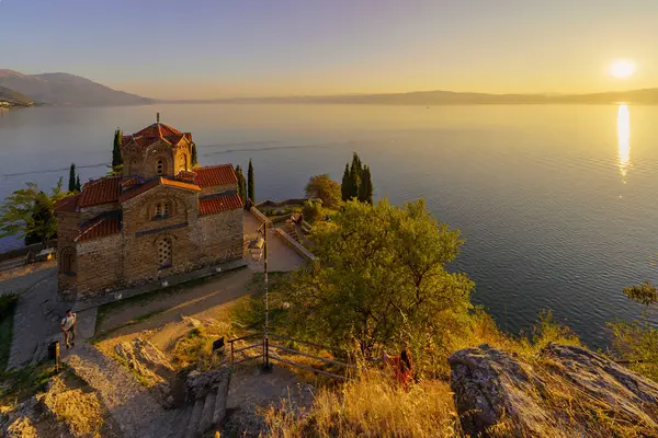 Ohrid Noord Macedonië Oktober 2023 Zonsondergang Uitzicht Kerk Van Sint Rechtenvrije Stockfoto's