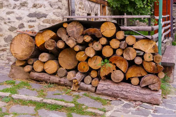 Bulgaristan 'ın güneyindeki Shiroka Laka, Rodop Dağları' nda kesilmiş odun yığınının görüntüsü