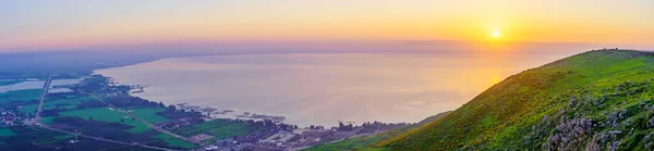 Panoramic sunrise view of the Sea of Galilee, from Mount Arbel (west side), Northern Israel