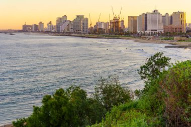 Tel Aviv, İsrail - 29 Şubat 2024: Sahil ve şehir siluetinin gün doğumu manzarası. Tel-Aviv-Yafo, İsrail