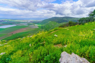 Gilboa dağ sırtından Jezreel Vadisi kırsalının kış manzarası. Kuzey İsrail