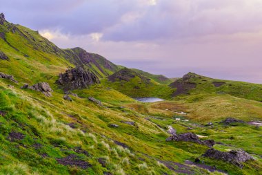 Storr Yolu 'ndaki kayaların ve otların günbatımı manzarası, Skye Adası, İç Hebrides, İskoçya, İngiltere