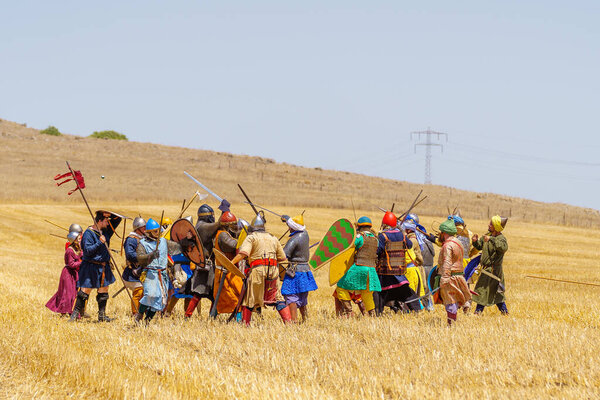 Lavi, Israel - July 05, 2024: Reenactment of the 1187 Battle of the Horns of Hattin (Ayyubid sultan Saladin defeated the crusaders): Infantry fight. Horns of Hattin, Israel