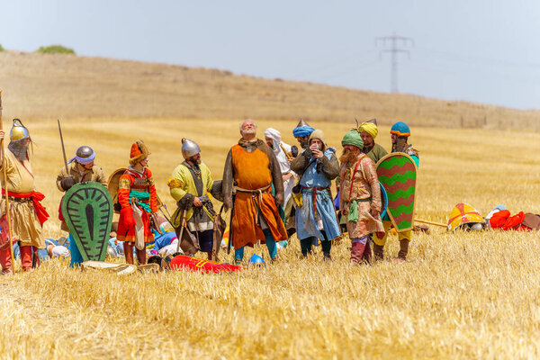 Lavi, Israel - July 05, 2024: Reenactment of the 1187 Battle of the Horns of Hattin (Ayyubid sultan Saladin defeated the crusaders): Crusaders captured by the Ayyubids. Horns of Hattin, Israel