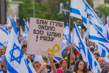 Hayfa, İsrail - 13 Temmuz 2024: Çeşitli tabela ve bayraklı bir kalabalık hükümete karşı düzenlenen protesto mitingine katılarak yeni seçimler çağrısında bulundu. Hayfa, İsrail