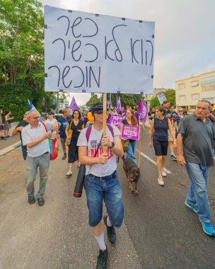 Hayfa, İsrail - 20 Temmuz 2024: Bir protesto yürüyüşü sahnesi, hükümete karşı, insanların katıldığı, çeşitli tabelalar ve bayraklarla yeni seçimler çağrısında bulundu. Hayfa, İsrail