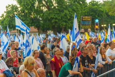 Hayfa, İsrail - 03 Ağustos 2024: Çeşitli tabela ve bayraklı bir kalabalık hükümete karşı düzenlenen protesto mitingine katılarak yeni seçimler çağrısında bulundu. Hayfa, İsrail