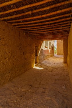 Sahra Çölü, Fas 'ta çeşitli evleri olan tipik bir çamur ev köyü manzarası.