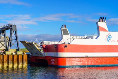 St Margarets Hope, UK - October 05, 2022: Port and ferry scene, in St Margarets Hope, Orkney Islands, Scotland, UK clipart