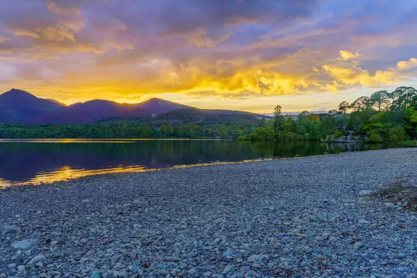 stock image Sunset view of Derwentwater lake, near Keswick, in the Lake District, Cumbria, England, UK