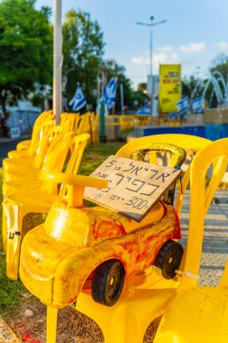 Haifa, Israel - September 24, 2024: View of the symbolic protest display, of the hostage Childs Ariel and Kfir Bibas, calling for a hostage deal, in Haifa, Israel clipart