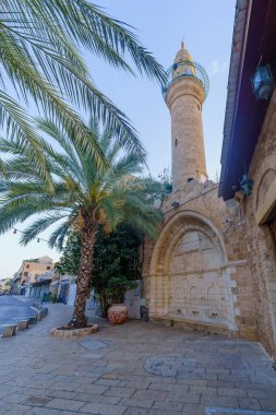 Al Siksik Camii 'nin ve şu anda İsrail' in Tel Aviv-Yafo kentinin bir parçası olan eski Jaffa şehrinin yakınlarındaki binaların manzarası.