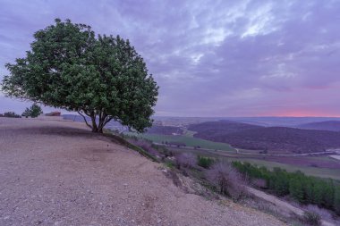 Tel Azekah 'ta, Shephelah bölgesinde, İsrail' in güneyinde, kırsal ve yuvarlanan tepelerin gündoğumu manzarası