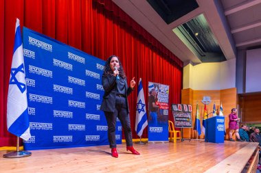 Haifa, Israel - January 26, 2025: MK Naama Lazimi speaks to the crowd, in an assembly of The Democrats party. Haifa, Israel clipart