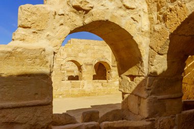 Antik Nabataean şehri Mamshit, Negev Çölü, Güney İsrail 'deki harabelerin manzarası
