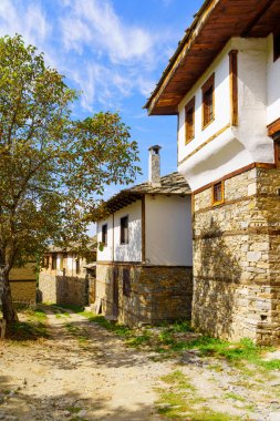 Leshten, Rodop Dağları, Bulgaristan 'daki tipik evlerin manzarası