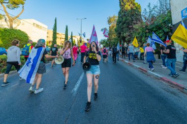 Hayfa, İsrail - 24 Mayıs 2025: Çeşitli tabelaları ve bayrakları olan insanlar, savaşın sona ermesi, rehine anlaşmasının tamamlanması ve yeni seçimlerin başlatılması için düzenlenen protesto mitingine katıldılar. Hayfa, İsrail