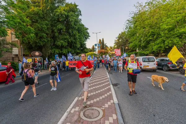 Hayfa, İsrail - 24 Mayıs 2025: Çeşitli tabelaları ve bayrakları olan insanlar, savaşın sona ermesi, rehine anlaşmasının tamamlanması ve yeni seçimlerin başlatılması için düzenlenen protesto mitingine katıldılar. Hayfa, İsrail