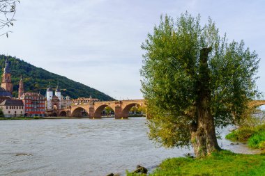 Heidelberg, Baden-Wurttemberg, Almanya 'daki Karl Theodor Köprüsü veya Old Stone Köprüsü ve Neckar Nehri manzarası