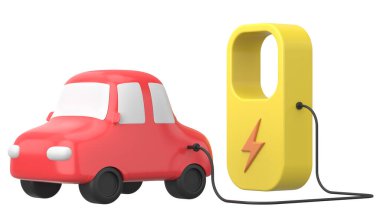 EV arabası. Elektrikli Araç. 3B illüstrasyon.