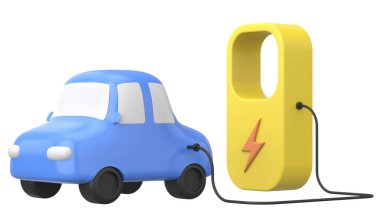 EV arabası. Elektrikli Araç. 3B illüstrasyon.