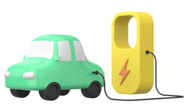 EV arabası. Elektrikli Araç. 3B illüstrasyon.