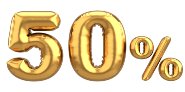 Yüzde elli. % 50 balon mesajı. 3B illüstrasyon.