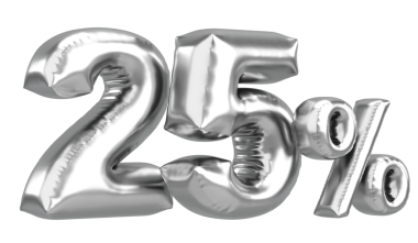 Yüzde yirmi beş. % 25 balon mesajı. 3B illüstrasyon.