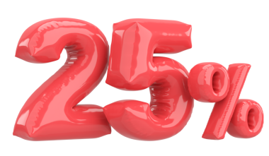 Yüzde yirmi beş. % 25 balon mesajı. 3B illüstrasyon.