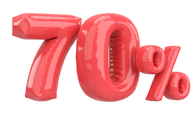 Yüzde yetmiş. % 70 balon mesajı. 3B illüstrasyon.