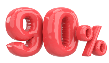 Yüzde doksan. % 90 balon mesajı. 3B illüstrasyon.