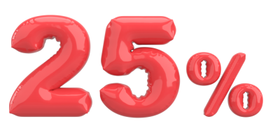 Yüzde yirmi beş. % 25 balon mesajı. 3B illüstrasyon.