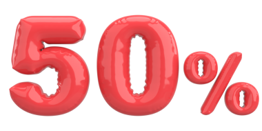 Yüzde elli. % 50 balon mesajı. 3B illüstrasyon.