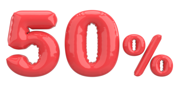 Yüzde elli. % 50 balon mesajı. 3B illüstrasyon.