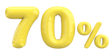 Yüzde yetmiş. % 70 balon mesajı. 3B illüstrasyon.