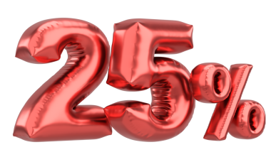 Yüzde yirmi beş. % 25 balon mesajı. 3B illüstrasyon.