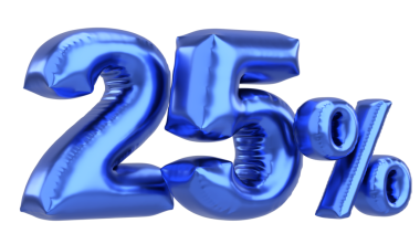 Yüzde yirmi beş. % 25 balon mesajı. 3B illüstrasyon.